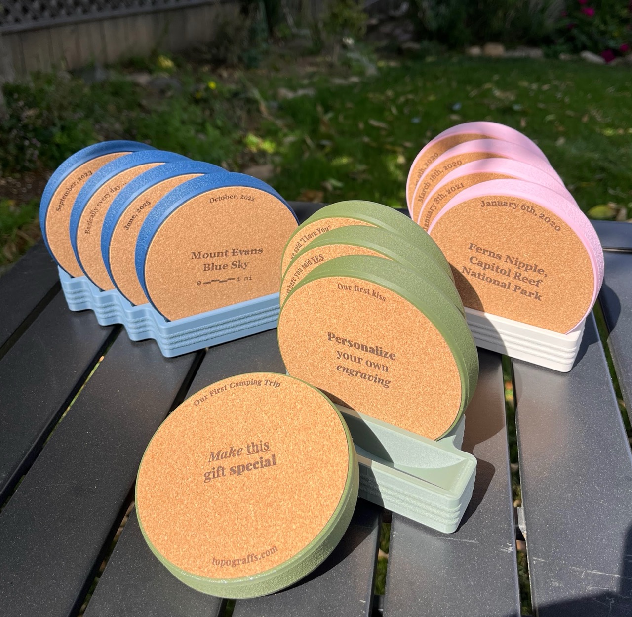 Cork bases with custom laser-engraved labels